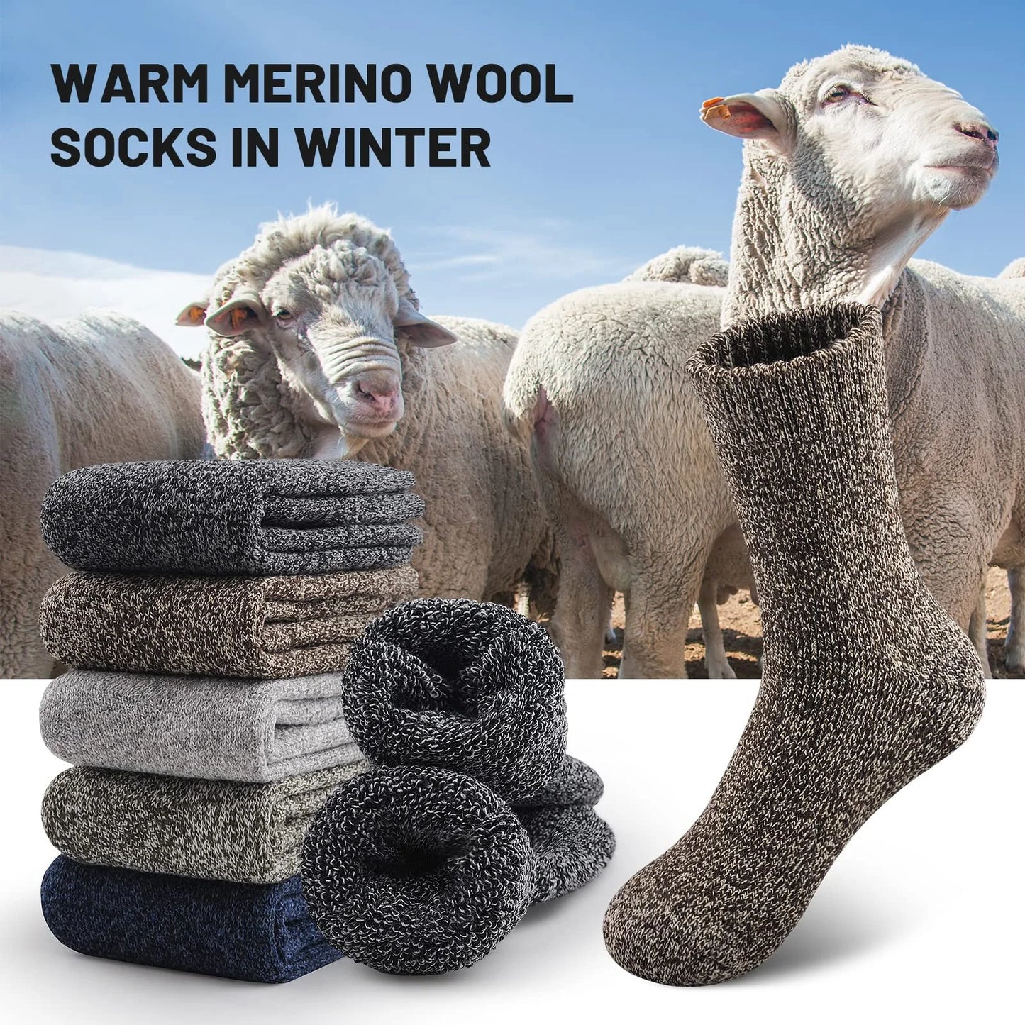 3 Pairs Winter Thick Warm Men’s Wool Socks Outdoor Thermal Cold-Resistant Sports Hiking Snow Socks Gift Size 39-44