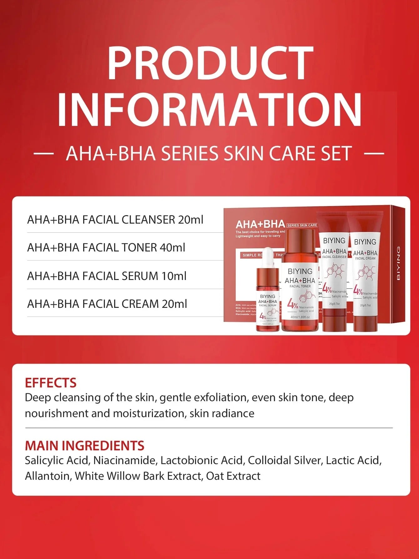 AHA+BHA Series Skin Facial Cleanser Cream Serum Toner Moisturiser Hydrating Toner Serum Cream Foam Facial Skin Care Set