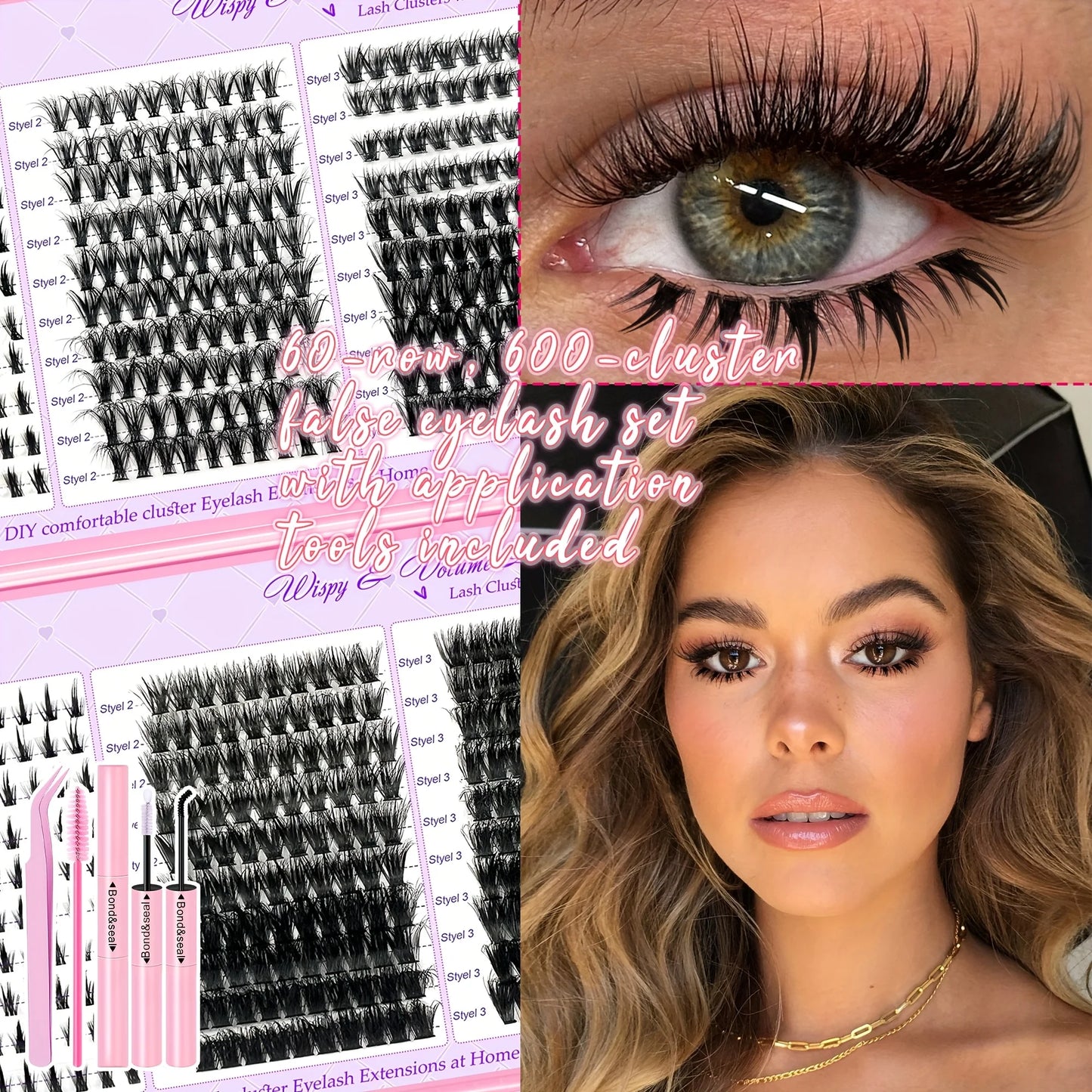 800PCS 30406080D Clusters Lashes Extension Kit, Length 9-16mm Natural Eyelashes,Cat eye,Bond and Seal,Tweezers,Brush,DIY At Home
