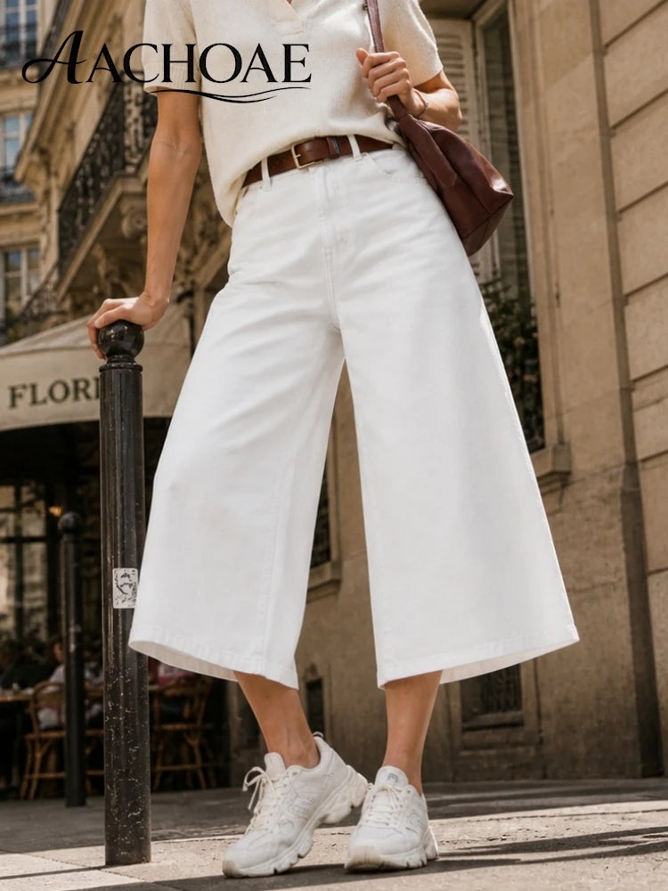 Women Wide Leg Cotton Denim Culottes High Waist Cropped Jeans Loose Casual Blue Jean Pants Vintage Wide Leg Capri Denim Trousers
