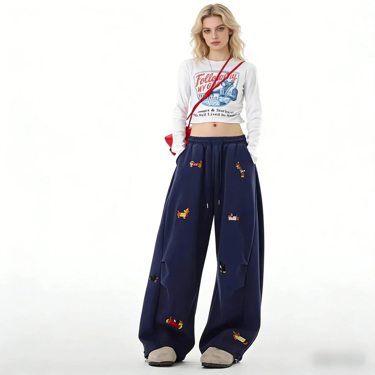 Funny Dachshund Embroidery Sweatpants Loose Cargo Joggers Wide Leg Couple Autumn Casual Fashion Pants Trousers Y2K clothing