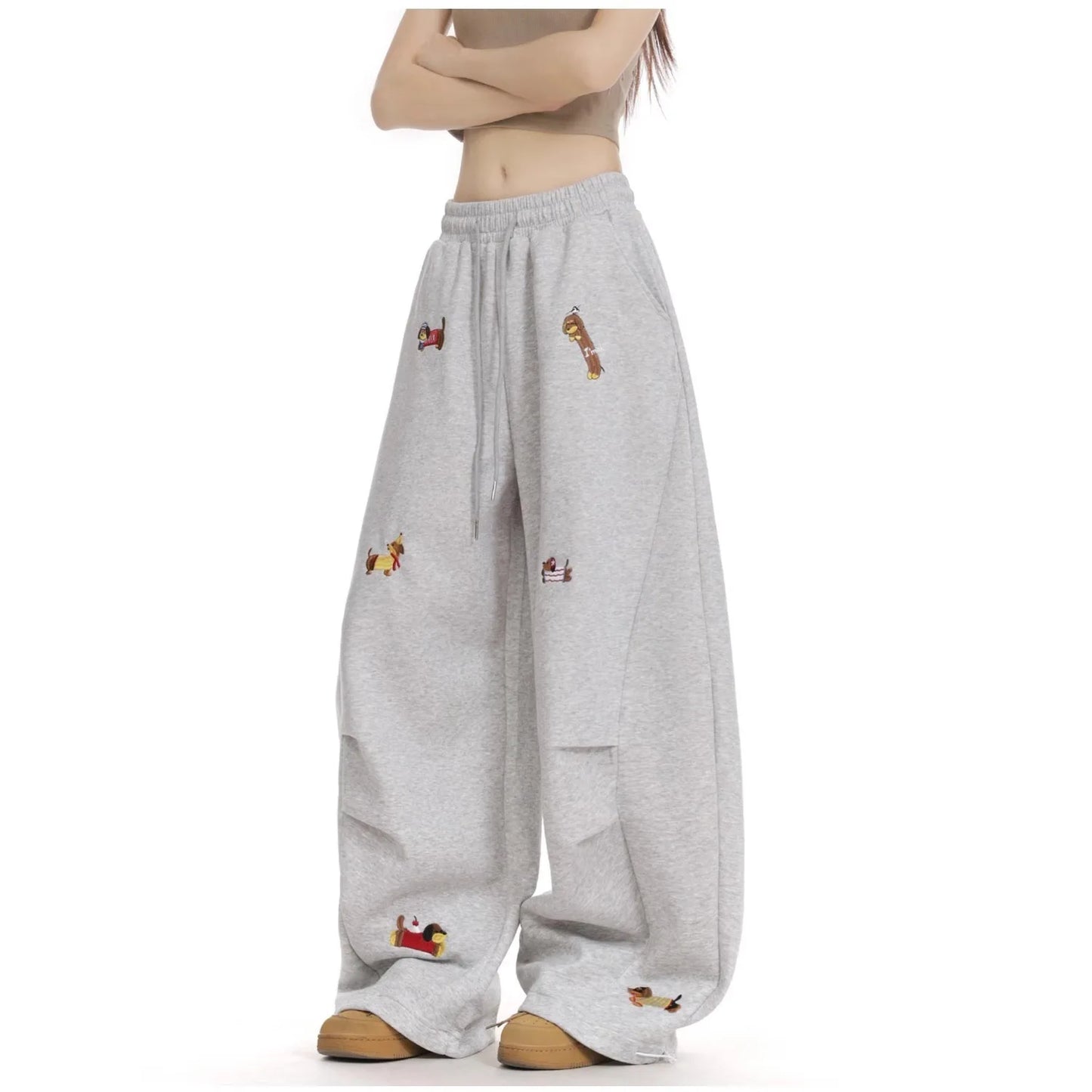 American Trendy Hip Hop Sausage Dog Embroidery Casual Pants Women Loose Slimming Versatile Street Drape Wide Leg Pants Sweatp...