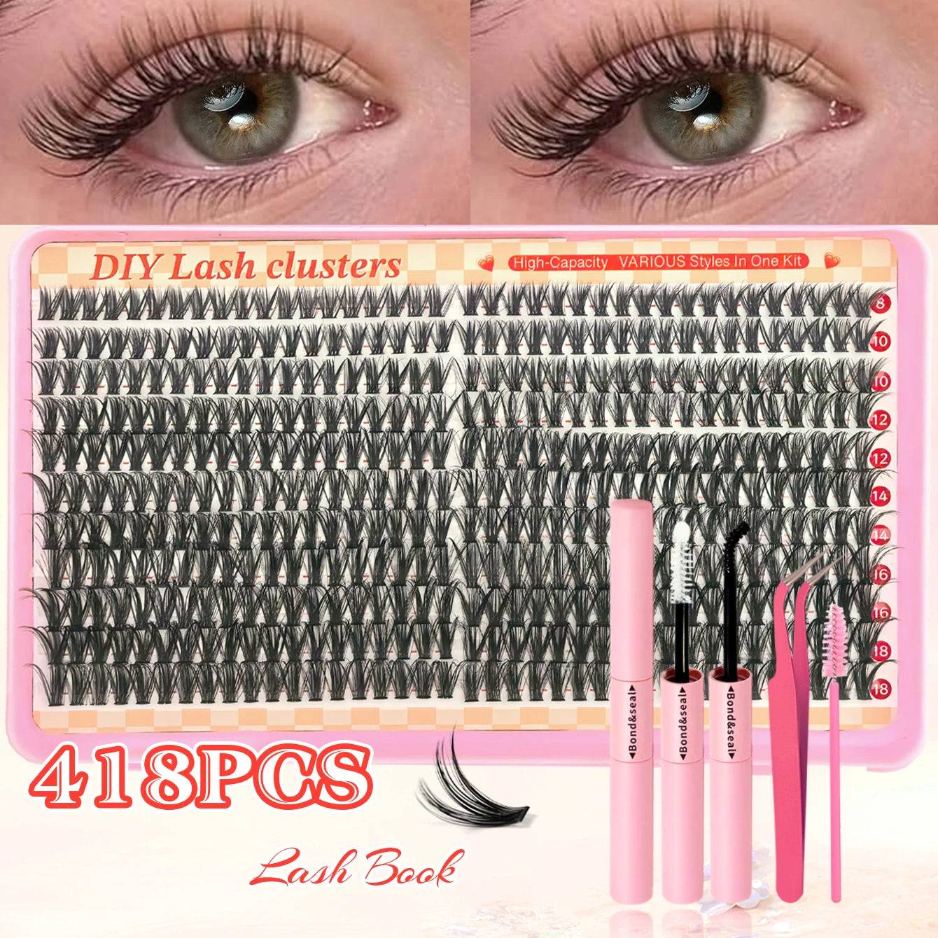 800PCS 30406080D Clusters Lashes Extension Kit, Length 9-16mm Natural Eyelashes,Cat eye,Bond and Seal,Tweezers,Brush,DIY At Home