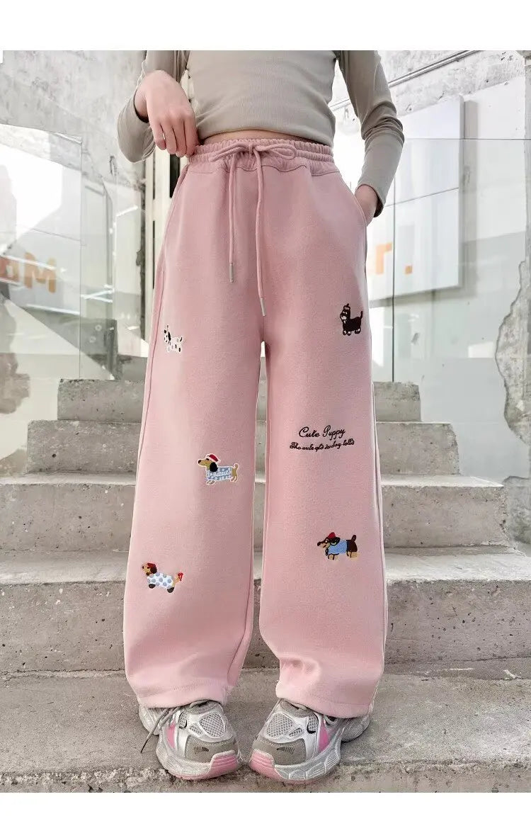 Girl Cotton Warm Trousers American High Street Casual Pants Child Loose Pants Autumn Kids Pink Sweatpants 120-170 New 2025