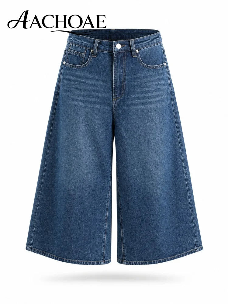 Women Wide Leg Cotton Denim Culottes High Waist Cropped Jeans Loose Casual Blue Jean Pants Vintage Wide Leg Capri Denim Trousers