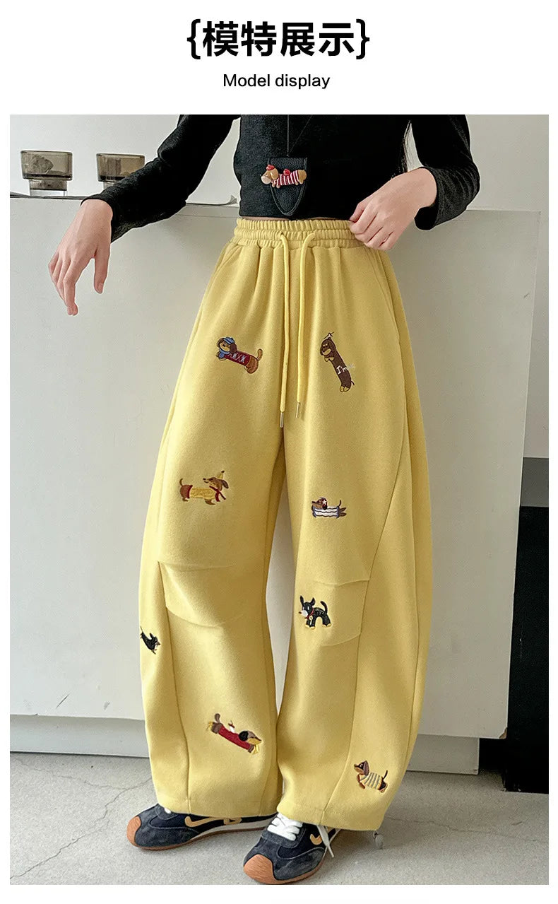 Girls' sweatpants Spring  Autumn 2026 New Children Dachshund embroidered curved knife pants Stylish girls casual sportspants