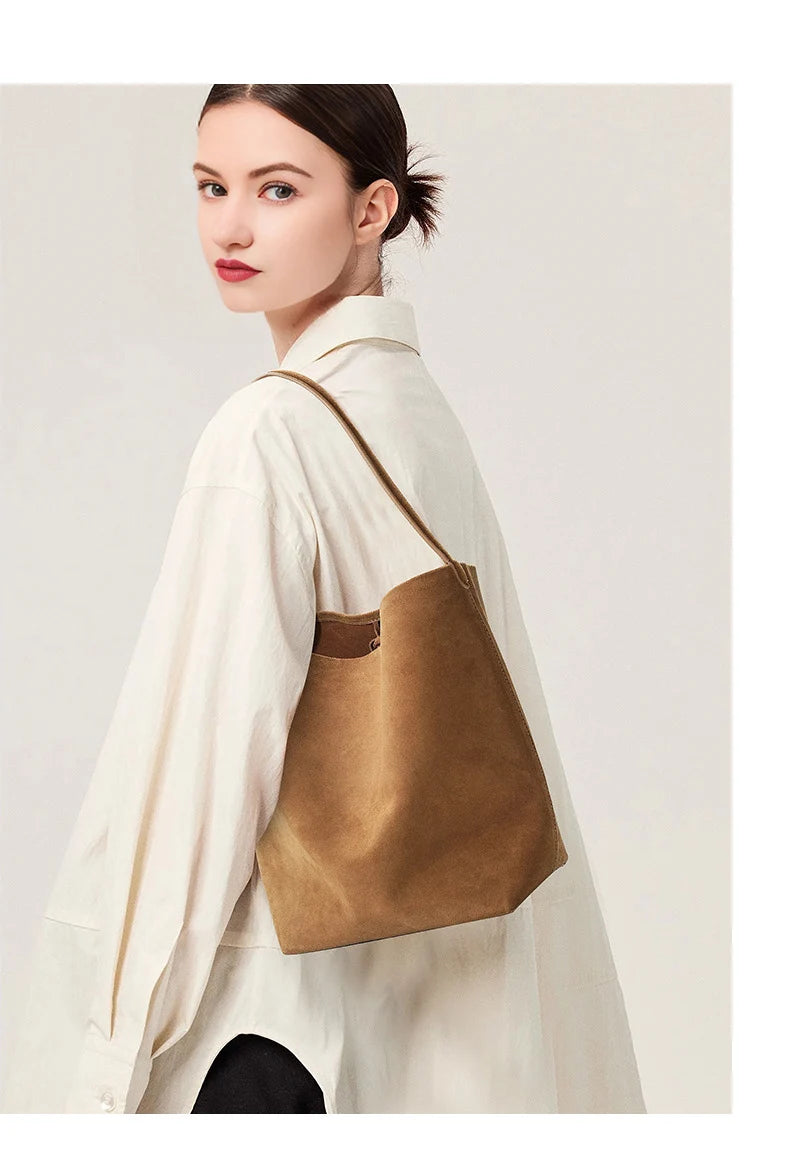 Matte Cowhide Leather Vintage Bucket Bag Large Capacity Tote Shoulder Bag For Women Commuter Elegant Textured Suede Purse Women'