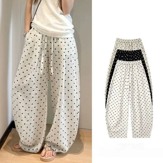 Women's Breathable Linen Polka Dot Banana Pants   Summer Casual Trousers   Elastic Waist Drawstring Wide-Leg Pants