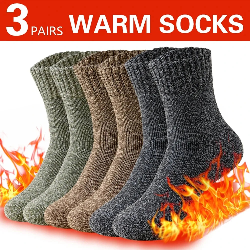 3 Pairs Winter Thick Warm Men’s Wool Socks Outdoor Thermal Cold-Resistant Sports Hiking Snow Socks Gift Size 39-44