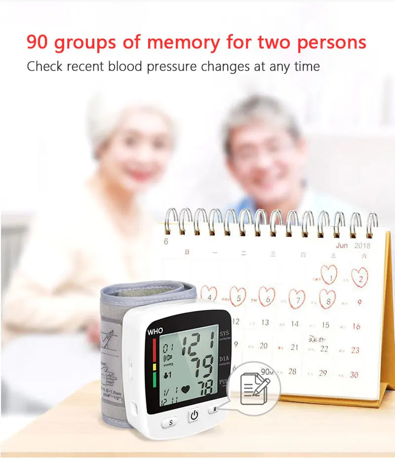 Digital Blood Pressure Monitor Wrist Tensiometer Electronic Sphygmomanometer  Tonometer with LCD, 2 X 90 Memory Rechargeable