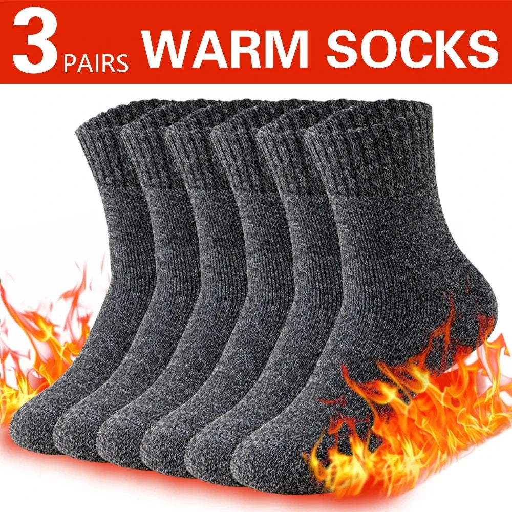 3 Pairs Winter Thick Warm Men’s Wool Socks Outdoor Thermal Cold-Resistant Sports Hiking Snow Socks Gift Size 39-44