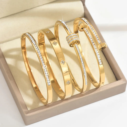 Titanium Steel Stacked Bracelet Couple's Shiny Zircon Inlaid Stainless Steel Bangles Gold Color Female Jewelry Gift