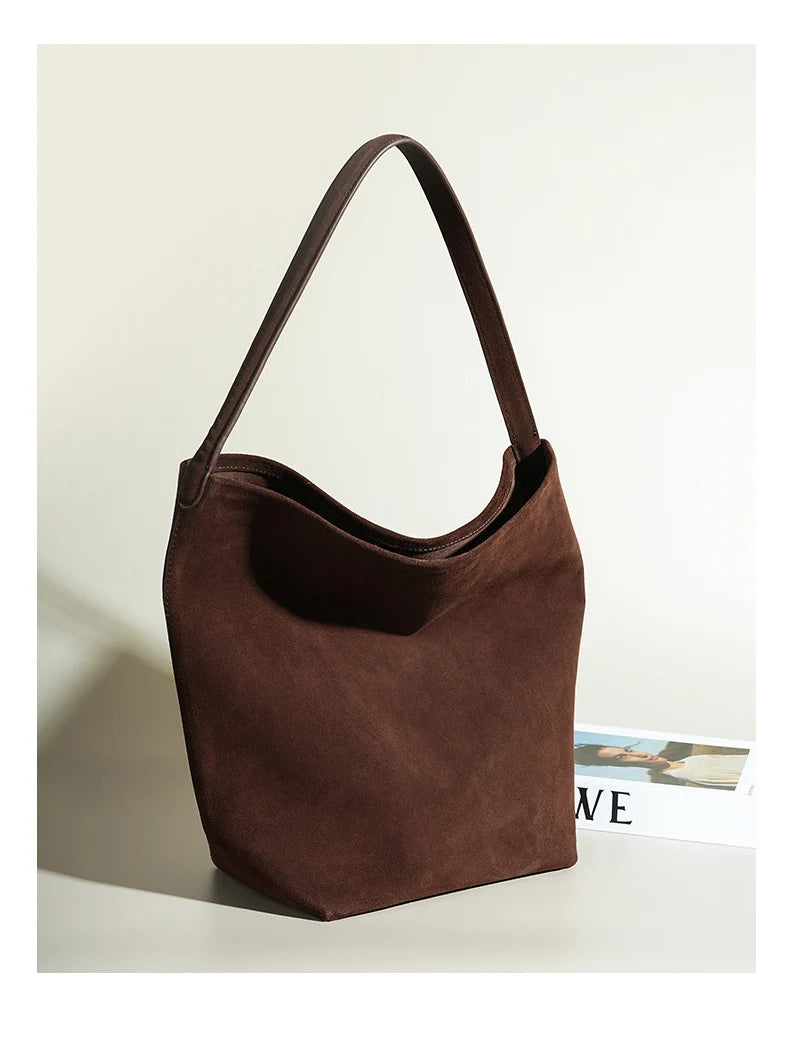 Matte Cowhide Leather Vintage Bucket Bag Large Capacity Tote Shoulder Bag For Women Commuter Elegant Textured Suede Purse Women'