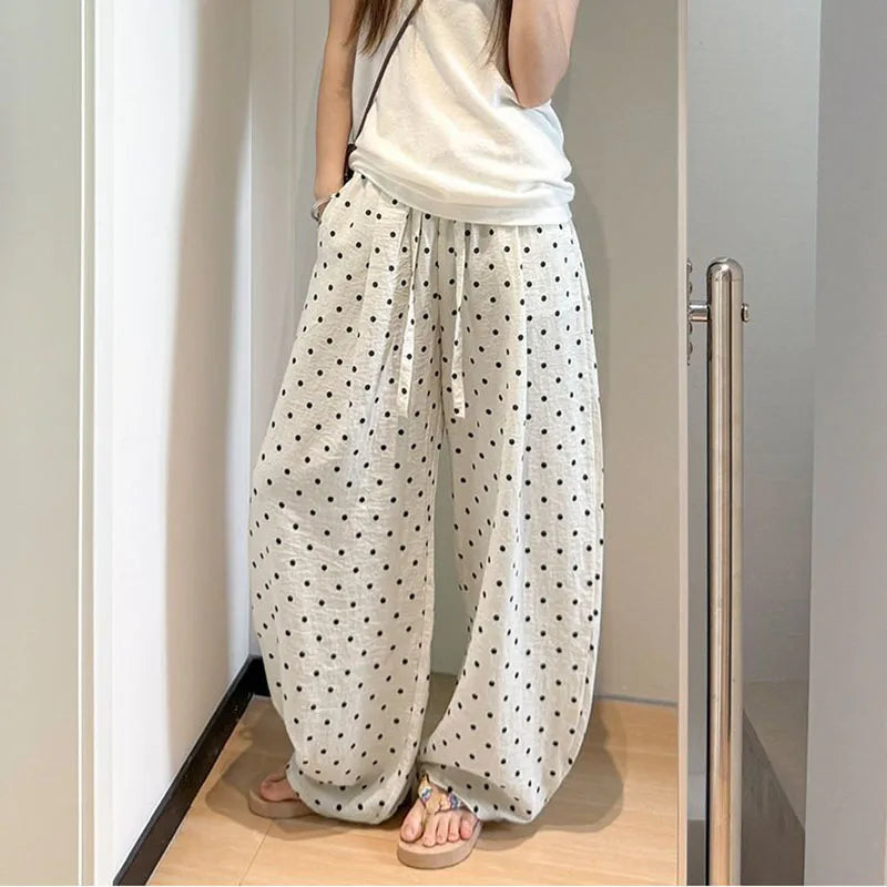 Women's Breathable Linen Polka Dot Banana Pants   Summer Casual Trousers   Elastic Waist Drawstring Wide-Leg Pants