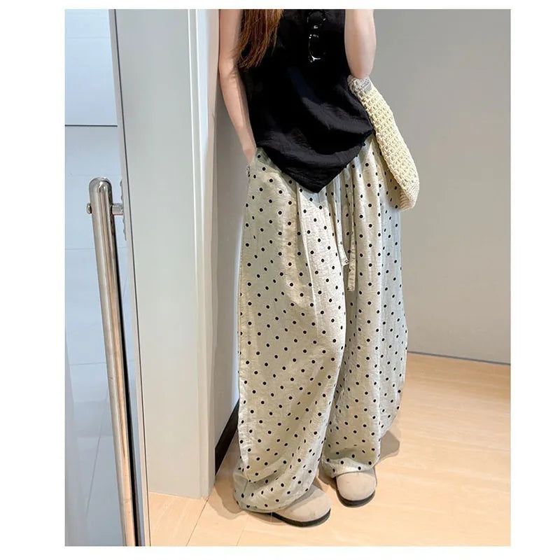 Women's Breathable Linen Polka Dot Banana Pants   Summer Casual Trousers   Elastic Waist Drawstring Wide-Leg Pants