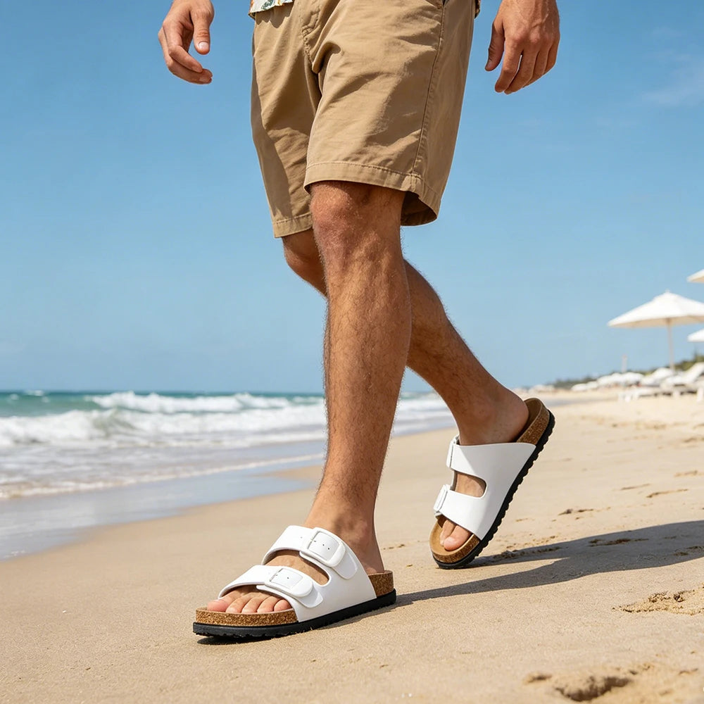 Black and White Double Buckle Sandals, Unisex Adjustable Flat Slippers, Non-Slip Sandals for Both Men and Women
