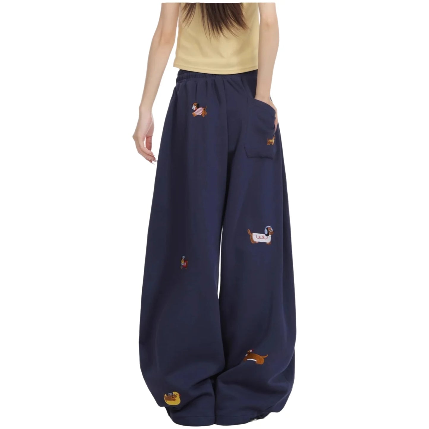 American Trendy Hip Hop Sausage Dog Embroidery Casual Pants Women Loose Slimming Versatile Street Drape Wide Leg Pants Sweatp...