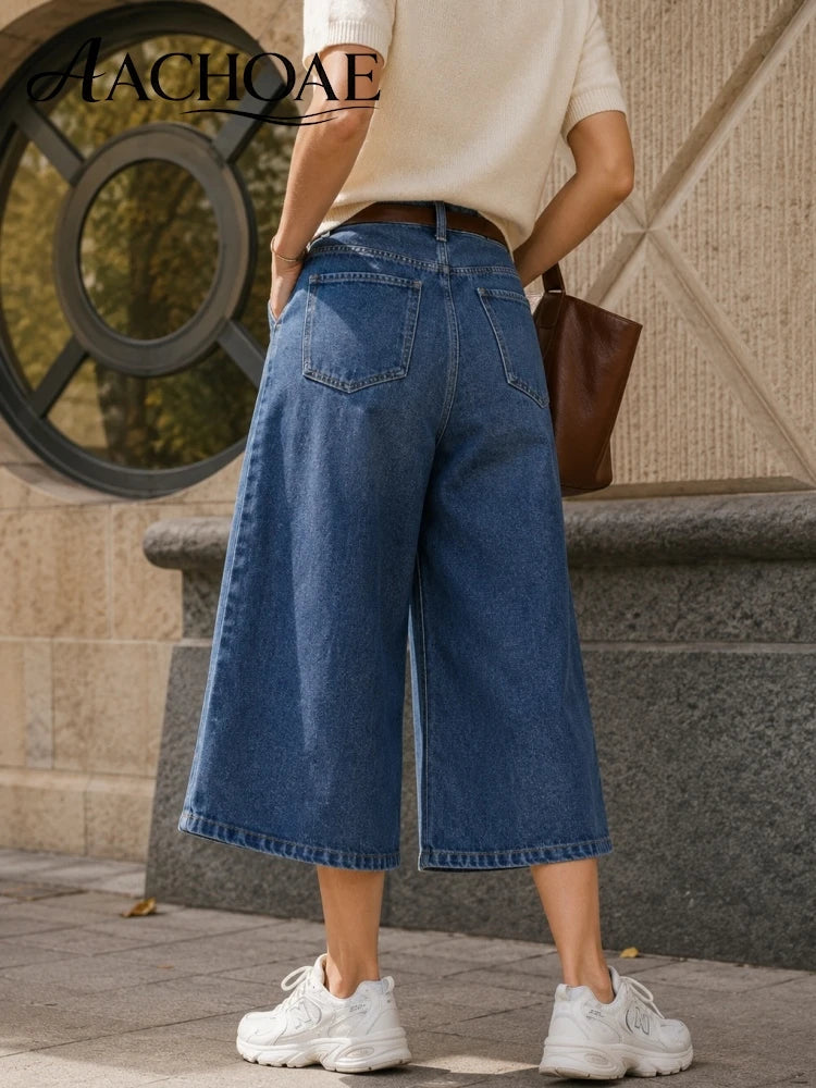 Women Wide Leg Cotton Denim Culottes High Waist Cropped Jeans Loose Casual Blue Jean Pants Vintage Wide Leg Capri Denim Trousers