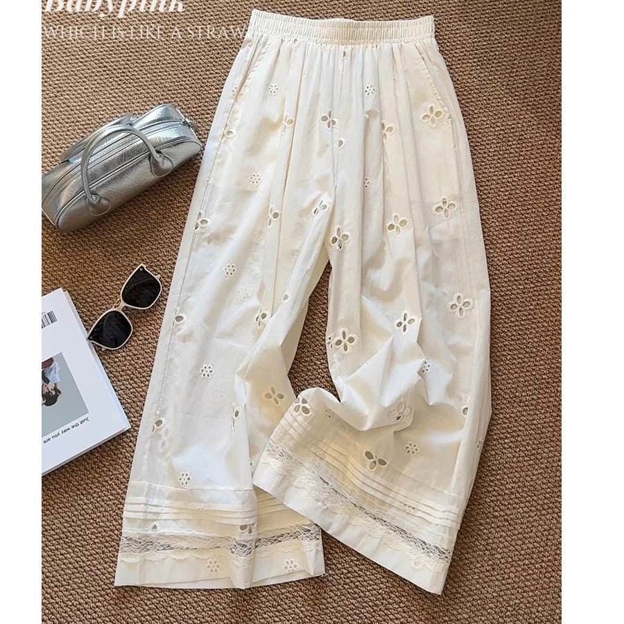 Women Summer Casual Cotton Long Pants High Waist Wide Leg Stright Pants Female Comfortable Clothes Trousers