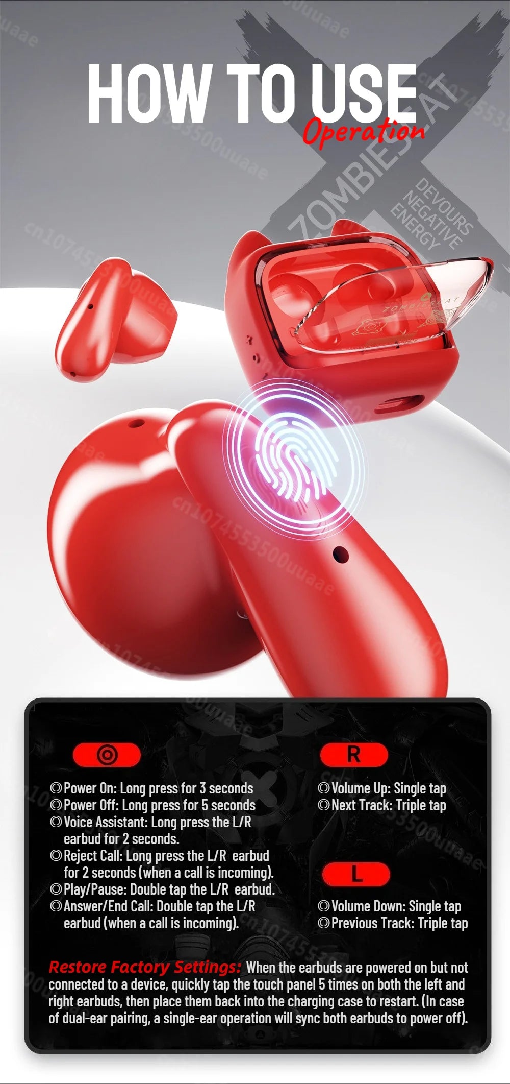 Zombies Cat B19 Smart Touch Screen Earphone HiFi Stereo Bluetooth 6.0 Headphones ENC Call Noise Reduction TWS Wireless Earbuds