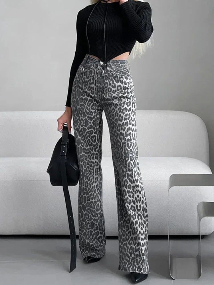 Womens High Waisted Leopard Print Jeans Vintage Washed Wide Leg Baggy Pants Y2K Streetwear Loose Casual Trousers for Women