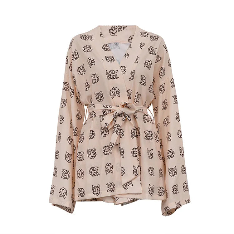 Shorts Set Homewear Fashion Loose Print 2 Piece Sets Womens Outfits Casual Lace Up Long Sleeve Robes With High Waist Pajama 2023