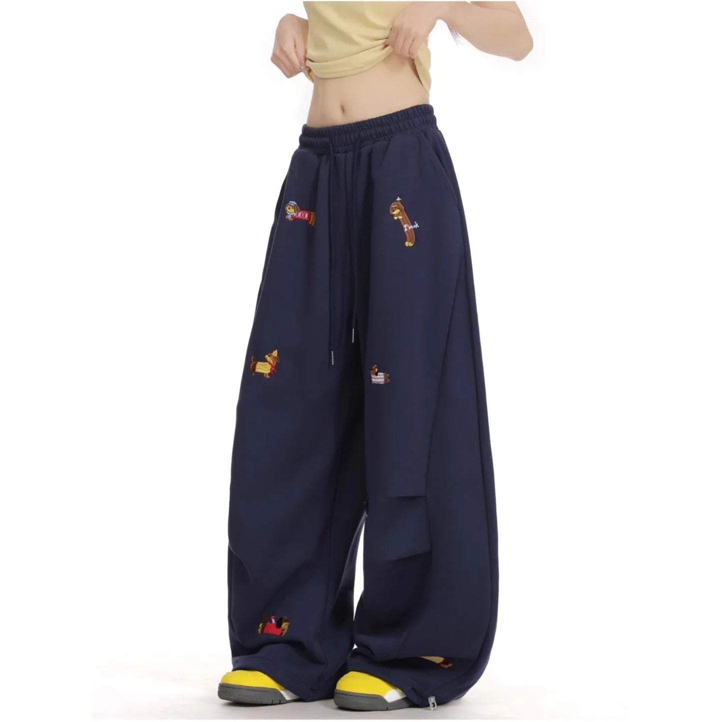 American Trendy Hip Hop Sausage Dog Embroidery Casual Pants Women Loose Slimming Versatile Street Drape Wide Leg Pants Sweatp...