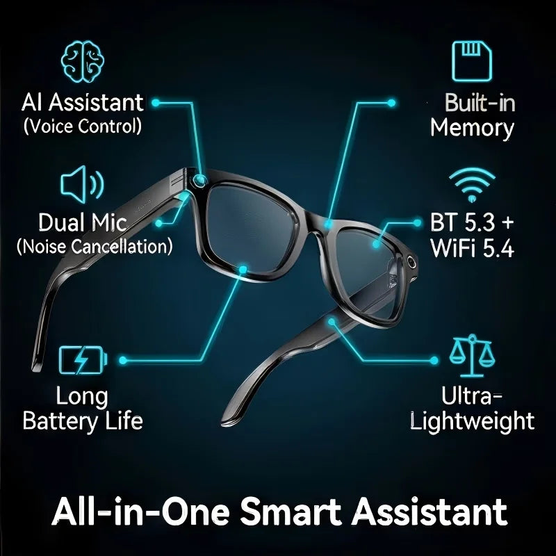 AI Smart Video Glasses with Camera and Photo Capabilities, featuring an 8MP camera, 1080P HD video recording, 4K resolution,
