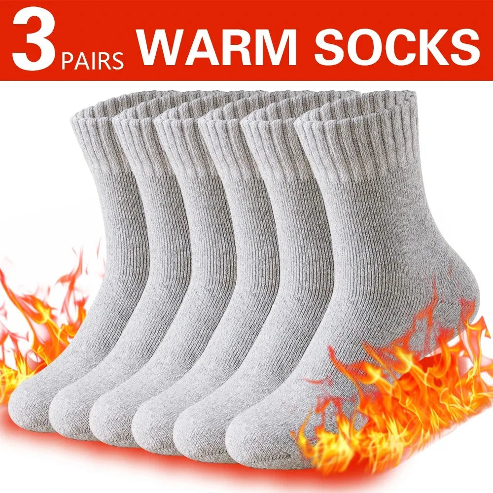 3 Pairs Winter Thick Warm Men’s Wool Socks Outdoor Thermal Cold-Resistant Sports Hiking Snow Socks Gift Size 39-44