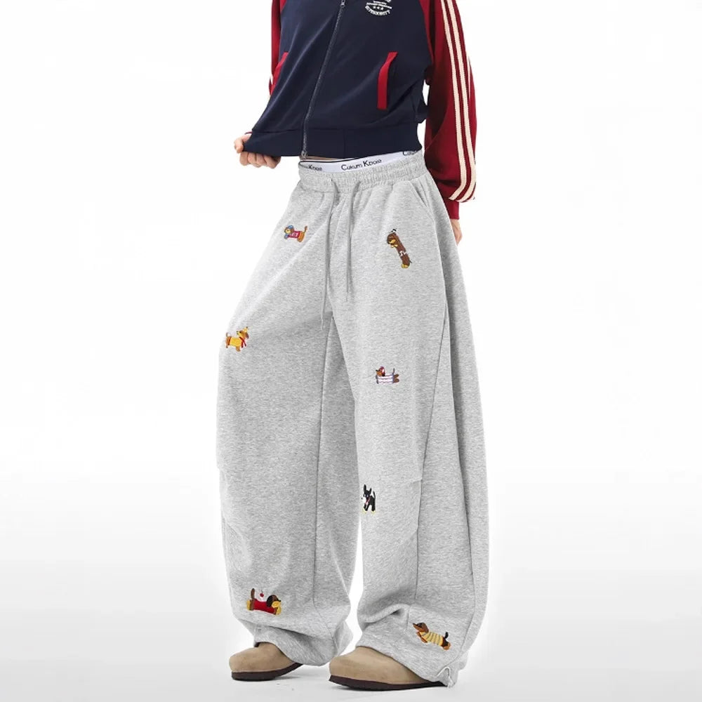 Funny Dachshund Embroidery Sweatpants Loose Cargo Joggers Wide Leg Couple Autumn Casual Fashion Pants Trousers Y2K clothing