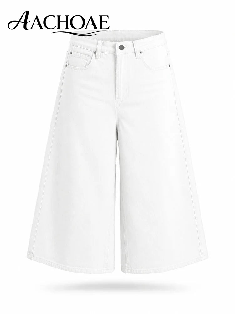 Women Wide Leg Cotton Denim Culottes High Waist Cropped Jeans Loose Casual Blue Jean Pants Vintage Wide Leg Capri Denim Trousers