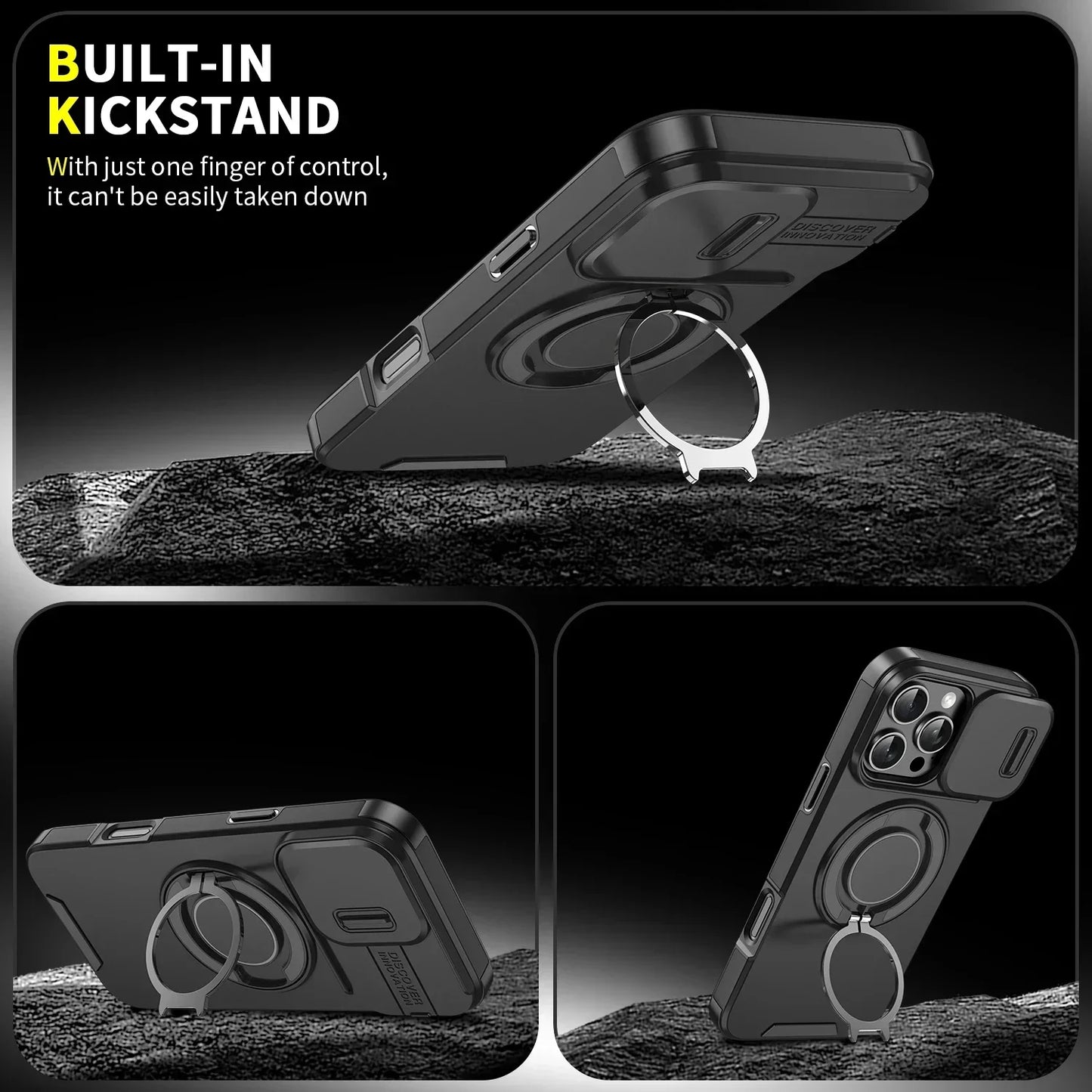 Luxury Heavy-Duty Rugged Armor Magnetic Bracket Case For iPhone 16 14 13 12 11 15 Pro Max Plus Slide Camera Protection PC Cover