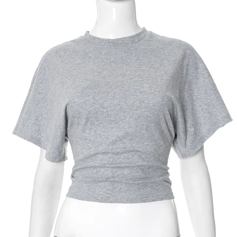 Fashion Casual Solid Gray Cropped T-shirt 2025 Woman Clothes O-neck Corset Tops Streetwear Girls Spring Summer Short Tee Shirts