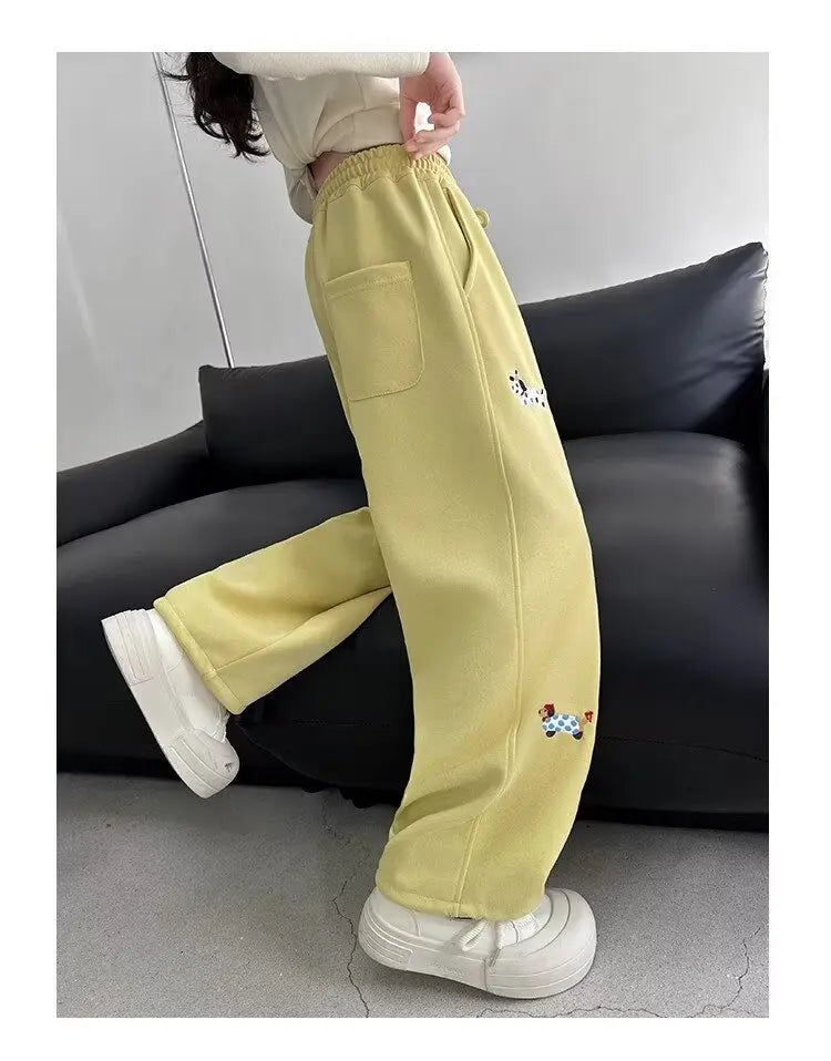 Girl Cotton Warm Trousers American High Street Casual Pants Child Loose Pants Autumn Kids Pink Sweatpants 120-170 New 2025