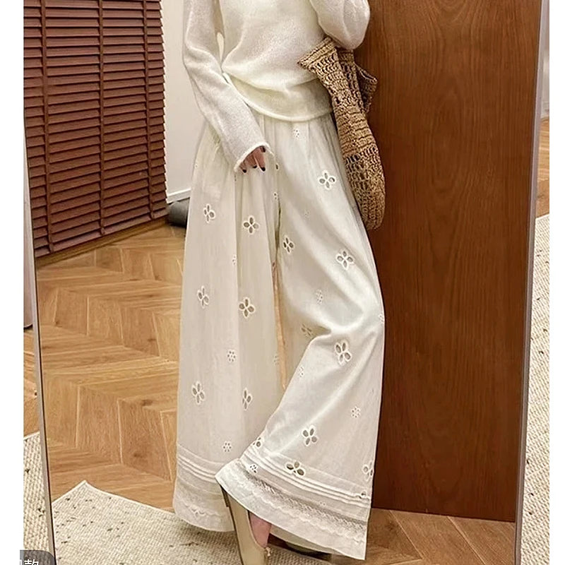 Women Summer Casual Cotton Long Pants High Waist Wide Leg Stright Pants Female Comfortable Clothes Trousers