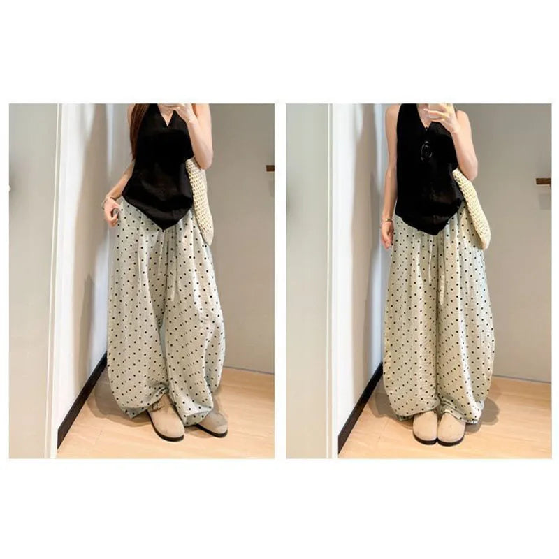 Women's Breathable Linen Polka Dot Banana Pants   Summer Casual Trousers   Elastic Waist Drawstring Wide-Leg Pants