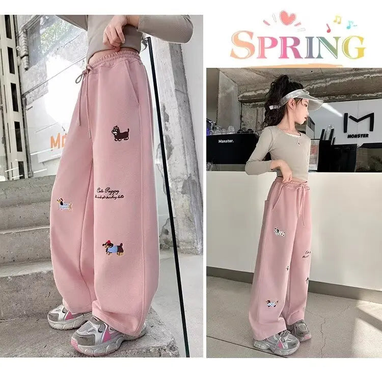 Girl Cotton Warm Trousers American High Street Casual Pants Child Loose Pants Autumn Kids Pink Sweatpants 120-170 New 2025