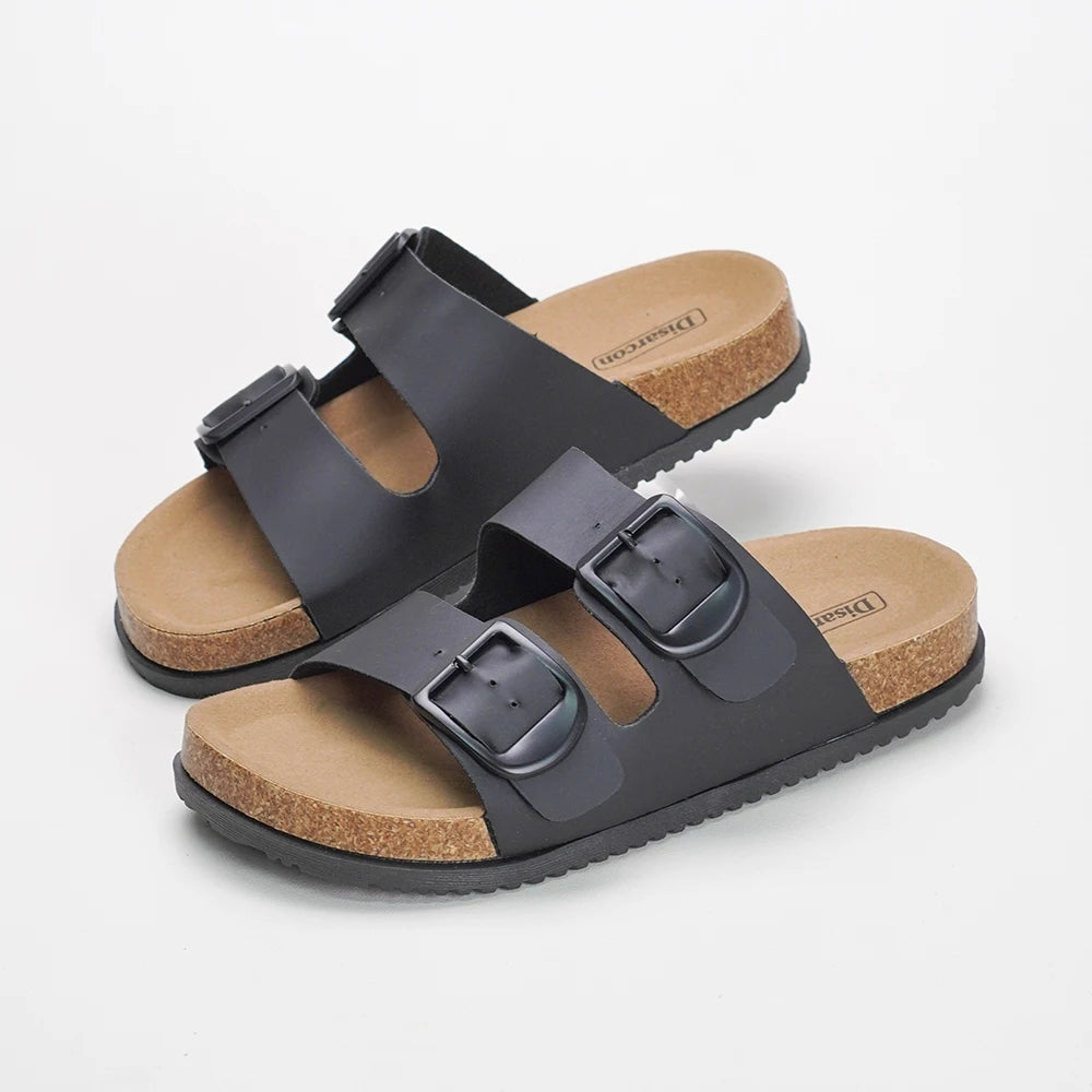 Black and White Double Buckle Sandals, Unisex Adjustable Flat Slippers, Non-Slip Sandals for Both Men and Women