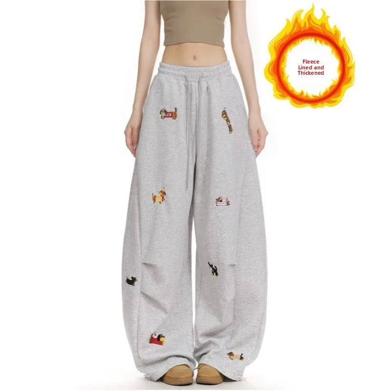 American Trendy Hip Hop Sausage Dog Embroidery Casual Pants Women Loose Slimming Versatile Street Drape Wide Leg Pants Sweatp...