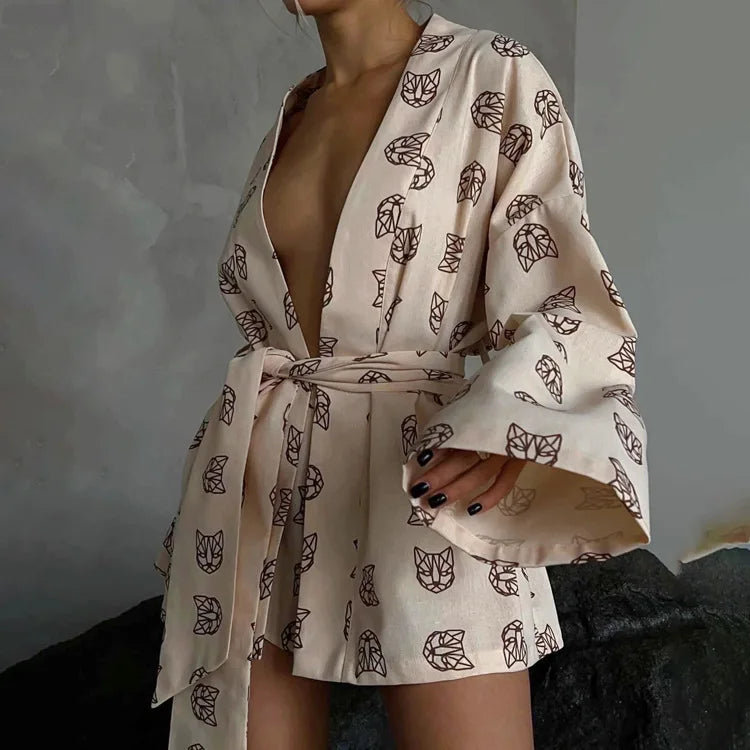 Shorts Set Homewear Fashion Loose Print 2 Piece Sets Womens Outfits Casual Lace Up Long Sleeve Robes With High Waist Pajama 2023