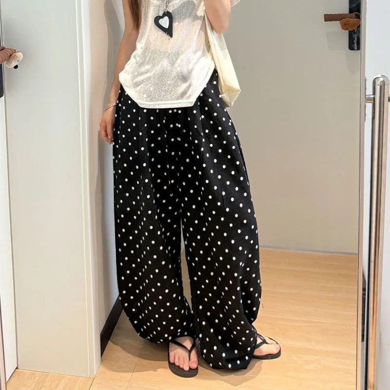 Women's Breathable Linen Polka Dot Banana Pants   Summer Casual Trousers   Elastic Waist Drawstring Wide-Leg Pants