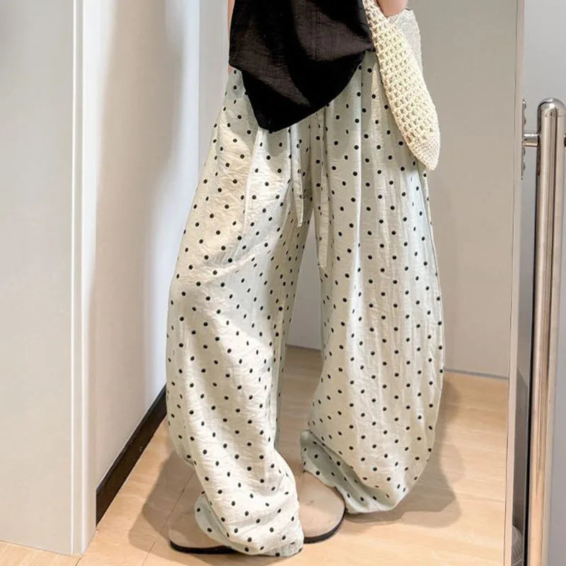 Women's Breathable Linen Polka Dot Banana Pants   Summer Casual Trousers   Elastic Waist Drawstring Wide-Leg Pants