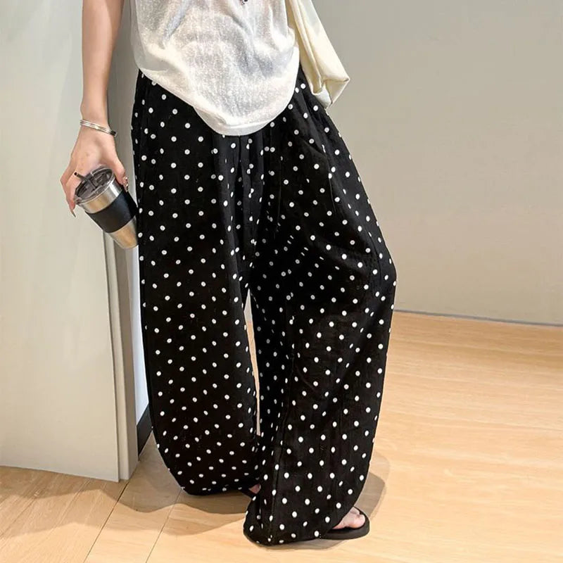 Women's Breathable Linen Polka Dot Banana Pants   Summer Casual Trousers   Elastic Waist Drawstring Wide-Leg Pants