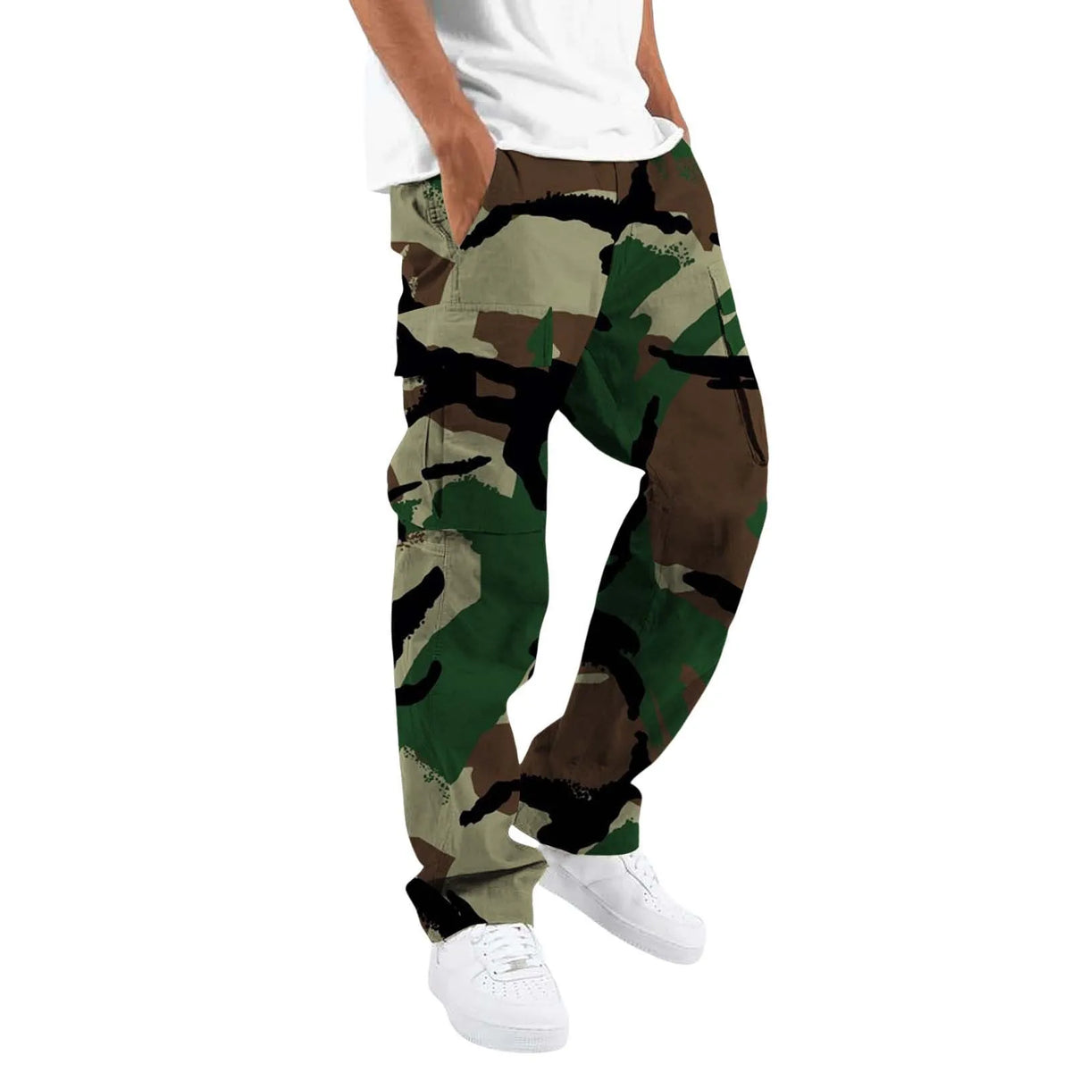 Men Camo Cargo Pants Multiple Colors Solid Drawstring Waist Loose Straight Multi Pocket Casual Streetwear Work Long Trousers