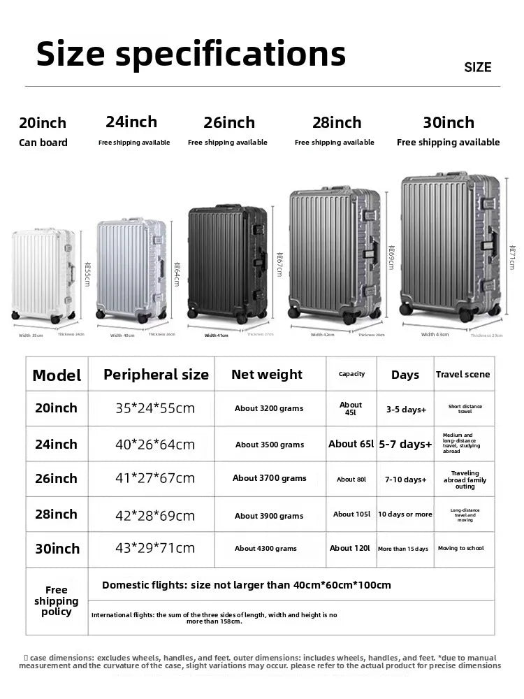 New ultra sturdy aluminum frame luggage,2-Pieces set 20 22 24 26 28 inch carry on luggage suitcase set  high aesthetic board case, universal wheel business travel box set, optional 20-28 inch
