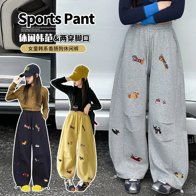 Girls' sweatpants Spring  Autumn 2026 New Children Dachshund embroidered curved knife pants Stylish girls casual sportspants