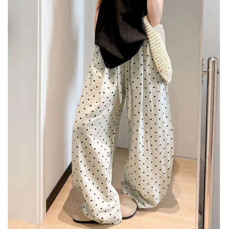 Women's Breathable Linen Polka Dot Banana Pants   Summer Casual Trousers   Elastic Waist Drawstring Wide-Leg Pants