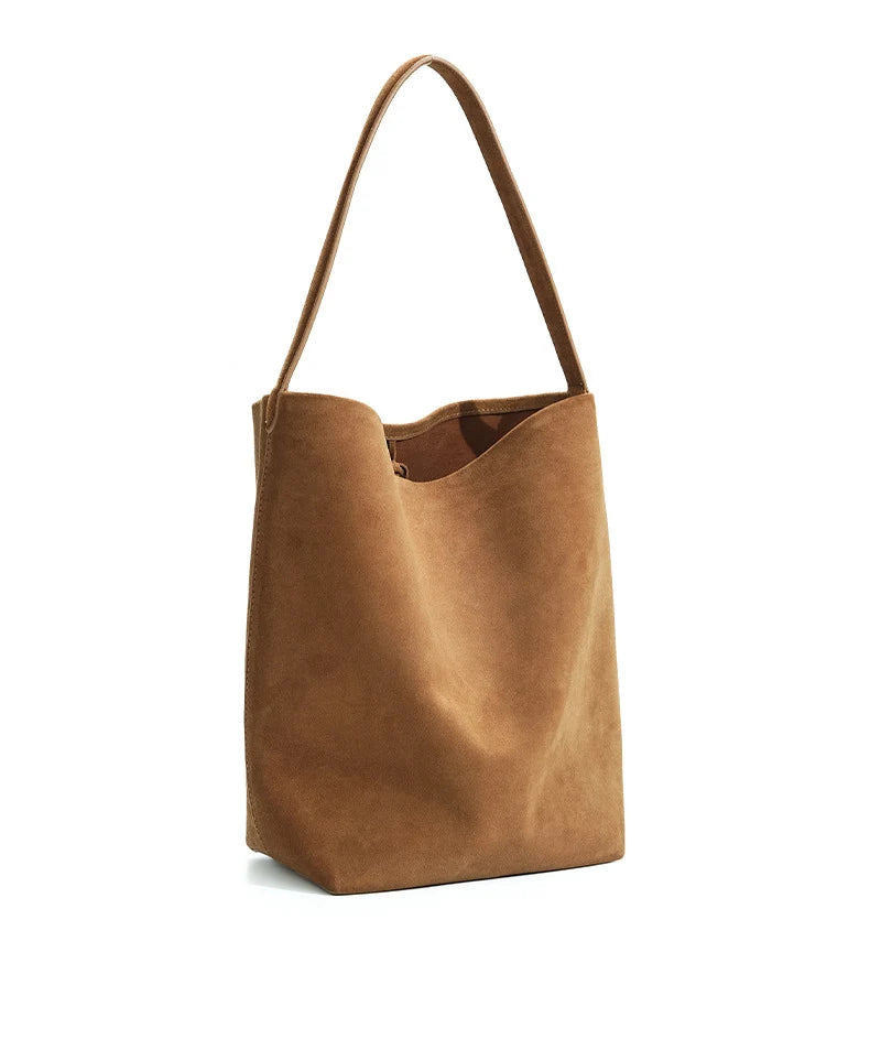 Matte Cowhide Leather Vintage Bucket Bag Large Capacity Tote Shoulder Bag For Women Commuter Elegant Textured Suede Purse Women'