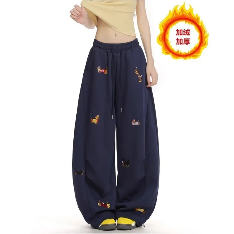 American Trendy Hip Hop Sausage Dog Embroidery Casual Pants Women Loose Slimming Versatile Street Drape Wide Leg Pants Sweatp...