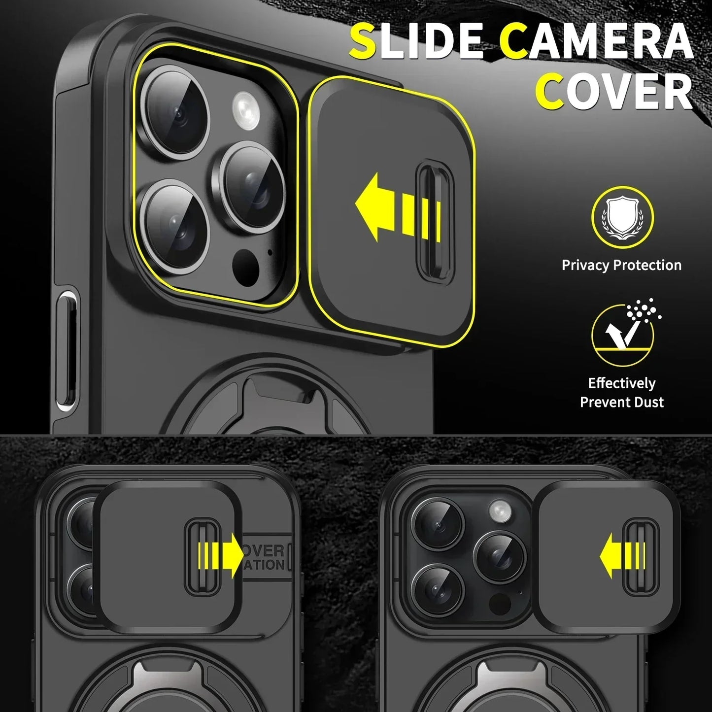 Luxury Heavy-Duty Rugged Armor Magnetic Bracket Case For iPhone 16 14 13 12 11 15 Pro Max Plus Slide Camera Protection PC Cover
